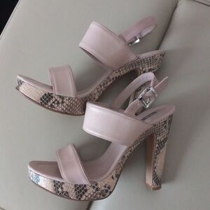 Halogen Blush Leather Platform Sandals with Snake-Print Block Heel Size 7.5